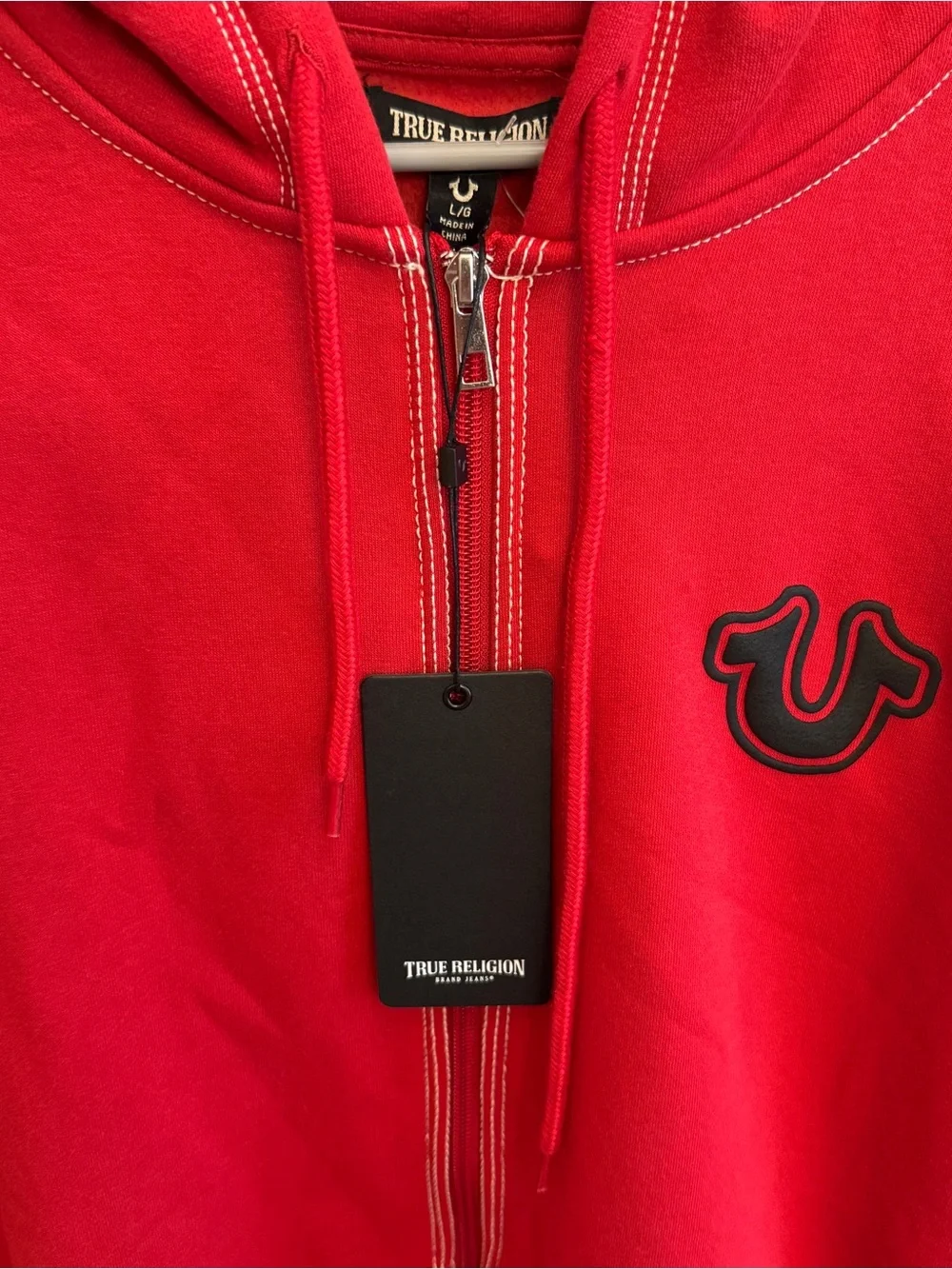 True Religion Red Zip Hoodie with Black Logo